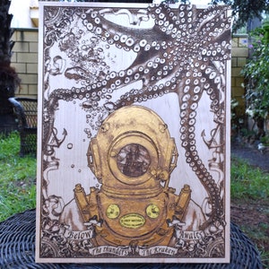 Unique Wood Anniversary Gift: Diver Helmet with Kraken Monster, Personalized Art for Home Decor - 5-Year Celebration - A3 Size