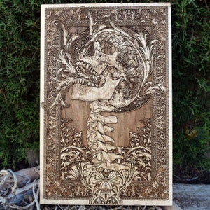 Horror Gothic Art Wooden Anniversary Gift Dark Art, Skull Spine Macabre Evil Creepy Art, Wood Carving Artwork Wall Decor, Woodcut - A4 Size