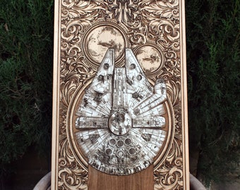 May include: A wooden plaque featuring an intricate, ornate design carved into the surface. The design incorporates a large, detailed image of the Millennium Falcon spaceship from Star Wars.