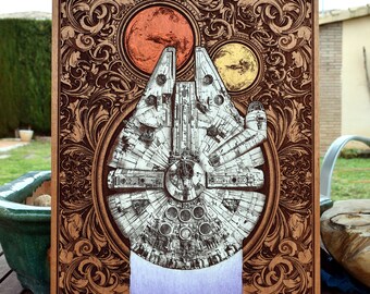 May include: A wooden plaque with an intricate carved design featuring a spaceship in the centre. The spaceship is surrounded by a decorative border with a floral pattern. The plaque is painted in shades of brown, gold, and silver.