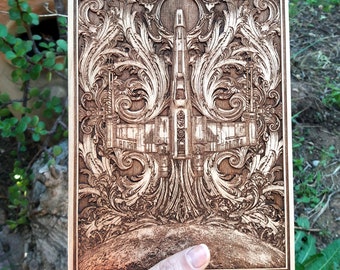 Arte murale in legno fantascientifica con astronave - regalo personalizzato per il quinto anniversario, caverna dell&#39;uomo, arredamento per ufficio, arte fantascientifica in legno sostenibile