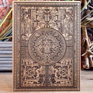 Aztec Calendar Art Decor - Mayan Mexican Wood Carving Plaque - Central America Home Decor - Personalized Gift for Men Boyfriend - A5 Size