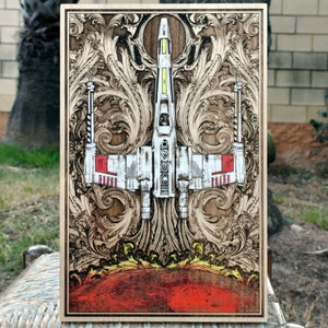 Regalo de aniversario de madera para 5 años: arte de madera de caza espacial de ciencia ficción, decoración de nave espacial grabada, regalo inspirado en una batalla galáctica
