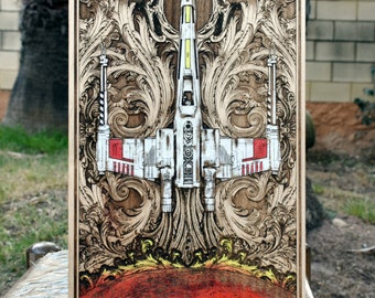 May include: A white X-wing starfighter from Star Wars is depicted in a wood-burned design on a wooden plaque. The fighter is surrounded by intricate floral patterns and a red and yellow background.