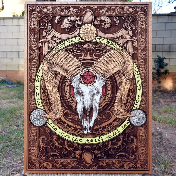 Baphomet Devil Goat Skull Woodcut Wall Art | Satanic Pagan Dark Artwork for Altar Decor and Gothic Home Decoration -A3 Size