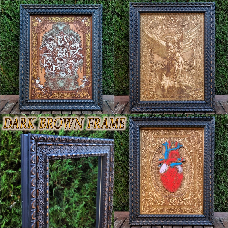 May include: Three dark brown wood picture frames with ornate details. The frames are empty, but the top two frames have a gold background and intricate designs. The bottom frame has a gold background with a red heart design.