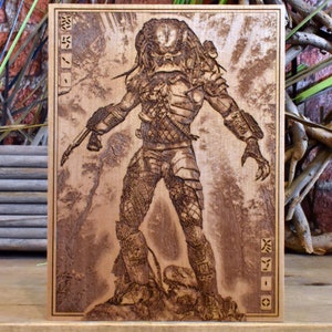 Predator Alien Wall Art - Sci-Fi Horror Decor, Engraved Wooden Artwork