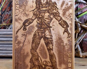 Predator Alien Wall Art - Sci-Fi Horror Decor, Engraved Wooden Artwork
