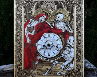 May include: Wooden wall art with a gothic design. It features skeletons, a clock, and ornate detailing. The skeletons are draped in red fabric. The clock face has Roman numerals. The artwork includes Latin text.