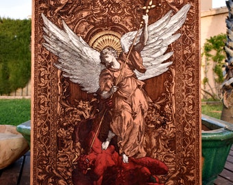 5-Year Wood Anniversary Gift - Saint Michael the Archangel Wall Art, Hand-Painted Religious Decor, Wedding & Housewarming
