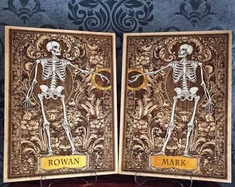 Personalized Gothic Wedding Gift, Skeleton Couple Wood Art, 5 Year Anniversary, Custom Names