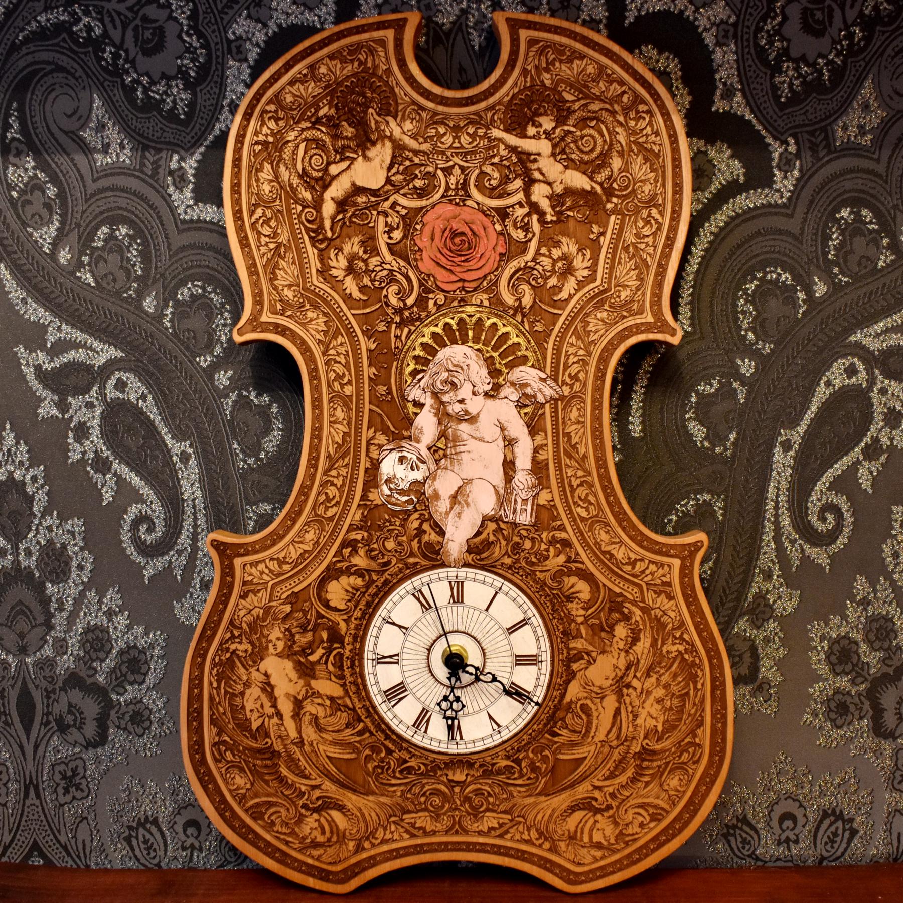 5-Year Wood Anniversary Gift - Personalized Engraved Hour Clock, Custom Time Wood Wall Art, Hand-Painted Cherub Decor