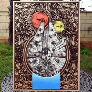 Arte de pared con nave espacial de ciencia ficción geek / Regalo personalizado de aniversario de 5 años en madera / Póster de película pintado a mano para él o ella