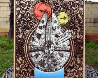 May include: A wood-carved image of the Millennium Falcon spaceship from Star Wars, surrounded by an ornate, brown, floral design. The spaceship is in the centre of the image, with a red and yellow planet behind it. The background is a light blue colour.
