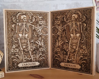 Regalo di anniversario di 5 anni in legno – Arte di coppia scheletro “Finché morte non ci separi” – Nomi incisi personalizzati