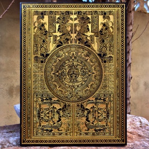 Aztec Calendar Wall Art - Gold & Black Engraved Wood Decor - Mayan Sun Stone Anniversary Gift