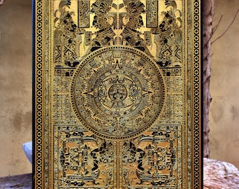 Aztec Calendar Wall Art - Gold & Black Engraved Wood Decor - Mayan Sun Stone Anniversary Gift