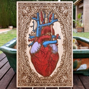 Anatomical Heart Wood Art - Unique Love Gift for Doctor, Medical Decor, Engraved Science Art