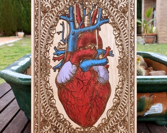 Anatomical Heart Wood Art - Unique Love Gift for Doctor, Medical Decor, Engraved Science Art