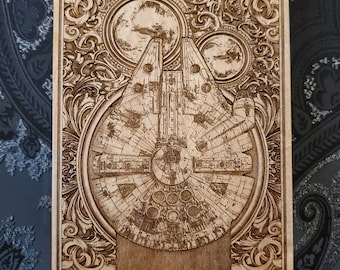 5 Year Anniversary Gift for Him, Retro Cargo Starship Wood Art, Engraved Sci-Fi Wall Decor