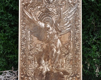 Saint Michael Archangel Engraved Wood Art: Religious Home Decor