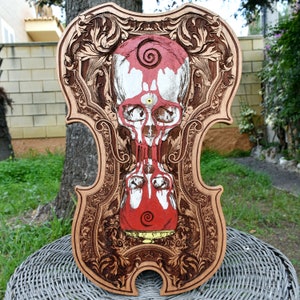 Time Clepsidra Wooden Painting | Human Skulls with Dripping Blood | Memento Mori Art on Violin-Shaped Wood | Death and Life Reminder