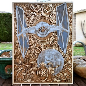 Regalo de aniversario de madera de 5 años: arte mural personalizado de nave espacial de ciencia ficción, decoración galáctica pintada a mano