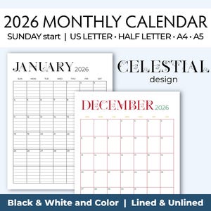 2026 Printable Lined & Unlined Calendars, Celestial, mystical, cosmic design. Month on 1 page. Prints Letter, Half letter, A4, A5