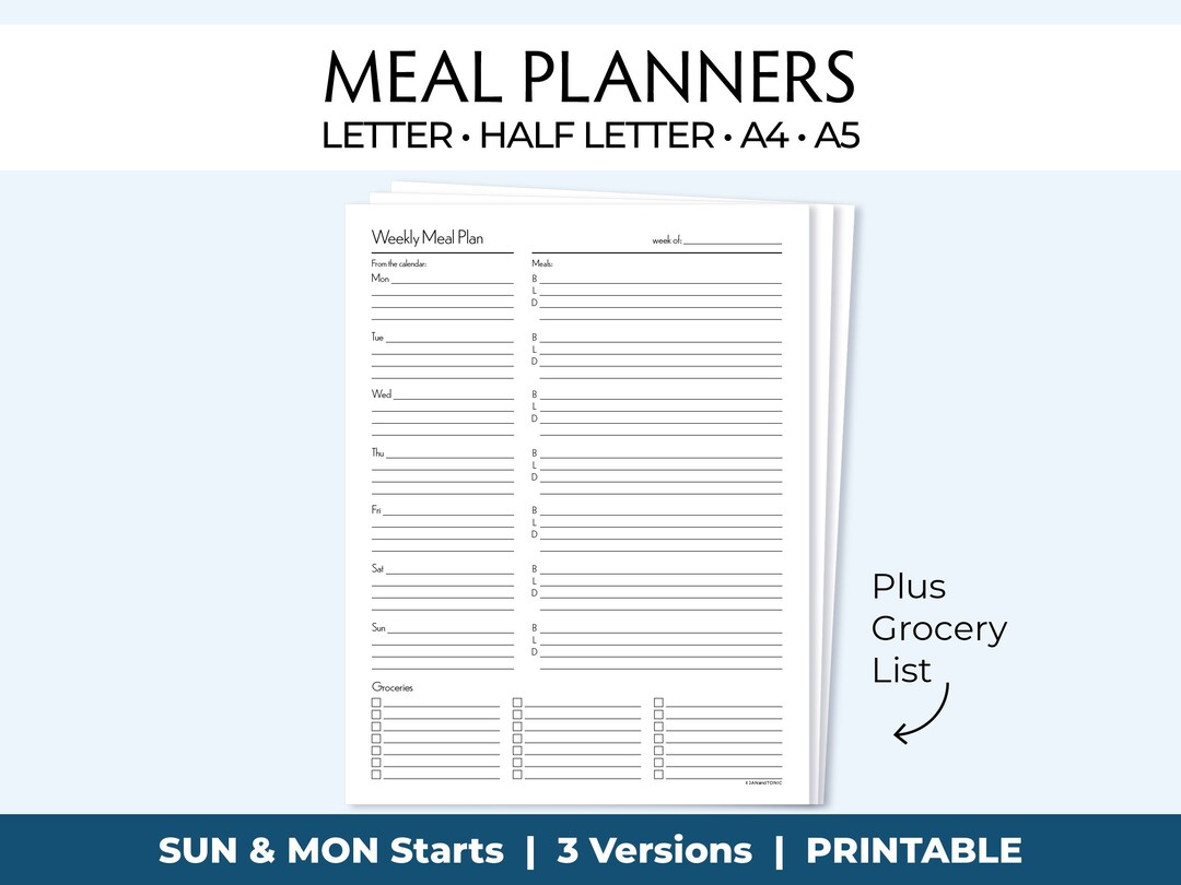 Printable Meal Planner + Grocery List, Weekly Menu, Digital or Print on ...