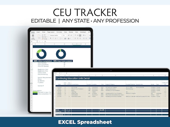 Continuing Education Tracker Excel spreadsheet, CEU log, License tracking, Nurses, Therapists, Social Workers, Instructors, Agents, and more