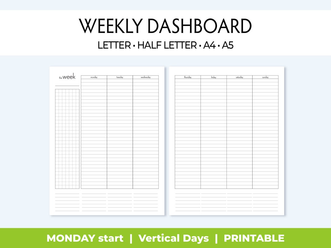 Printable Weekly Planner, Monday Start, Undated Dashboard Layout, Week ...