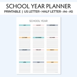 Planificador imprimible del año escolar, año académico en 1 página, educación en el hogar, maestros, planes de lecciones, mamás ocupadas, impresiones en papel carta, media carta, A4, A5