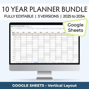 May include: A computer screen displaying a Google Sheets spreadsheet with a 10-year planner bundle. The spreadsheet is fully editable and includes three versions, covering the years 2025 to 2034. The text "Google Sheets" is displayed in a green speech bubble.