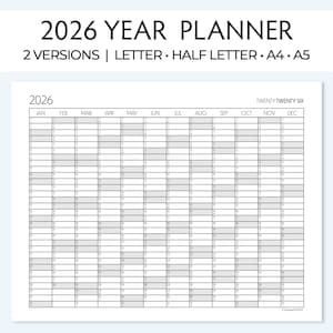 May include: A black and white printable 2026 year planner with a grid layout. The planner includes months from January to December. The text "TWENTY TWENTY SIX" is at the top of the planner.