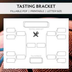 May include: A white printable tasting bracket with the text "TASTING BRACKET" at the top. The bracket includes fillable boxes for tasting notes and a knife and fork graphic. The text "FILLABLE PDF | PRINTABLE | LETTER SIZE" is also included.