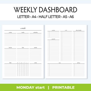 Planificador semanal de 2 páginas sin fecha, diseño de panel de control sin fecha, semana en 2 páginas, Wo2P, impresiones en tamaño carta, media carta, A4, A5, A6