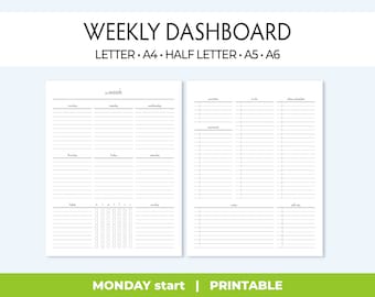 May include: A printable weekly dashboard planner with sections for daily tasks, to-do lists, notes, and self-care. The planner is designed for a Monday start and includes a habit tracker.