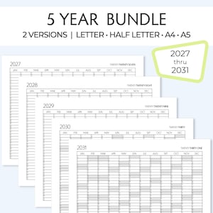 May include: A 5-year bundle of printable calendar templates for 2027 through 2031. The set includes two versions in Letter, Half Letter, A4, and A5 sizes. Each page features a grid layout with months and days for planning and organization.