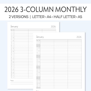 Planificador mensual imprimible 2026, inserto de 3 columnas para viajes, estudio, familia, carta, media carta, A4, A5, organizar la escuela, el trabajo, la salud, la vida
