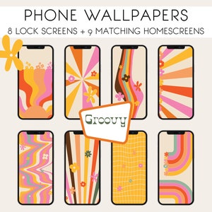 Phone wallpapers, Groovy Retro 70s wallpapers for cell phones, 8 lock screens, 9 matching home screens for mobile phones, digital download