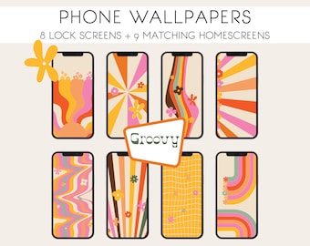 Phone wallpapers, Groovy Retro 70s wallpapers for cell phones, 8 lock screens, 9 matching home screens for mobile phones, digital download