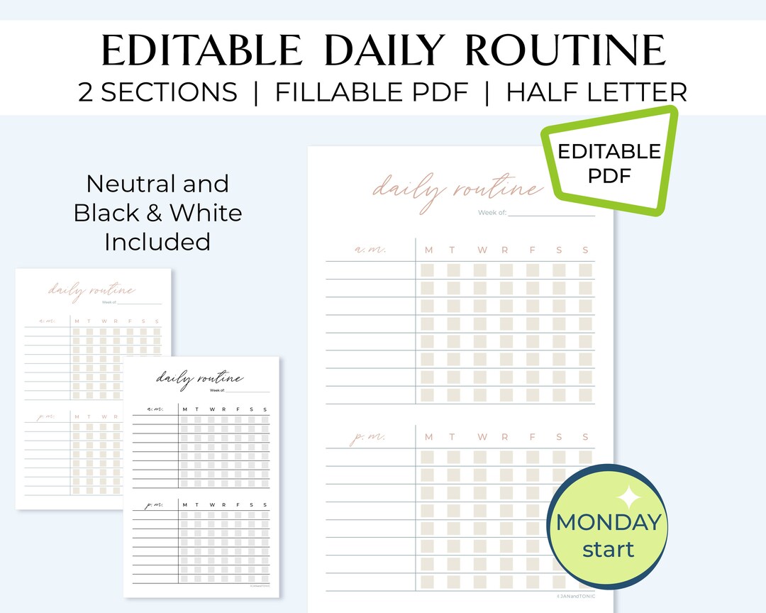 Editable Daily Routine Habit Tracker Monday Start Weekly Etsy