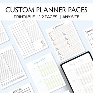 Può includere: Una collezione di pagine di pianificazione stampabili, con layout giornalieri, settimanali e mensili. Le pagine presentano vari design per la pianificazione, la tenuta del diario e il monitoraggio delle abitudini. Il testo sull'immagine recita "CUSTOM PLANNER PAGES PRINTABLE | 1-2 PAGES | ANY SIZE."