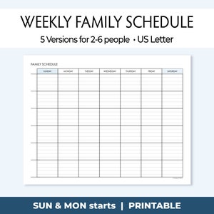 Cronograma semanal para família para impressão, espaços para planejar para 2 a 6 pessoas, sem data, impressões em carta dos EUA ou upload em PDF para o aplicativo de notas em seu tablet