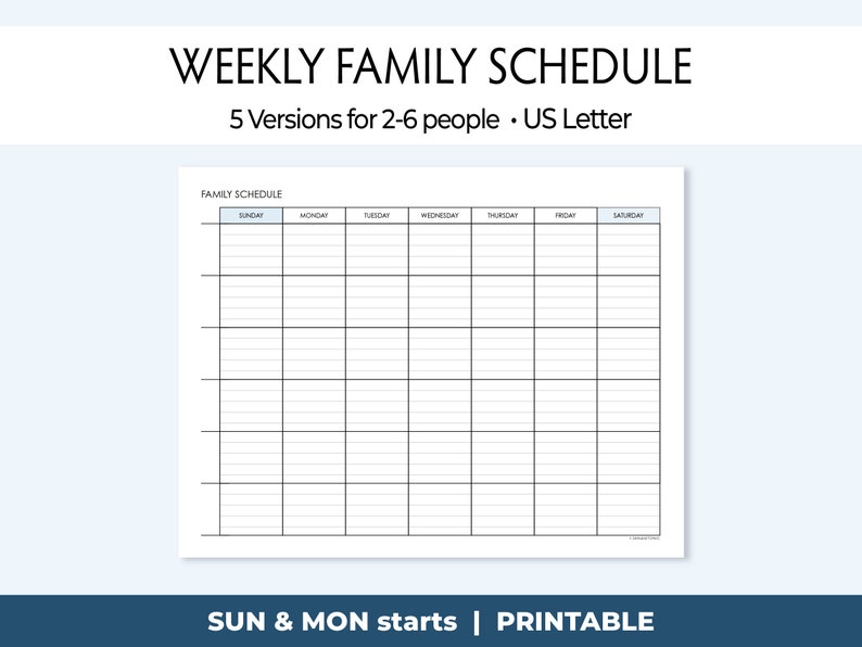 Printable Weekly Family Schedule Spaces to Plan for 2 to 6 People Printable Weekly Family Schedule Spaces to Plan for 2 to 6 People