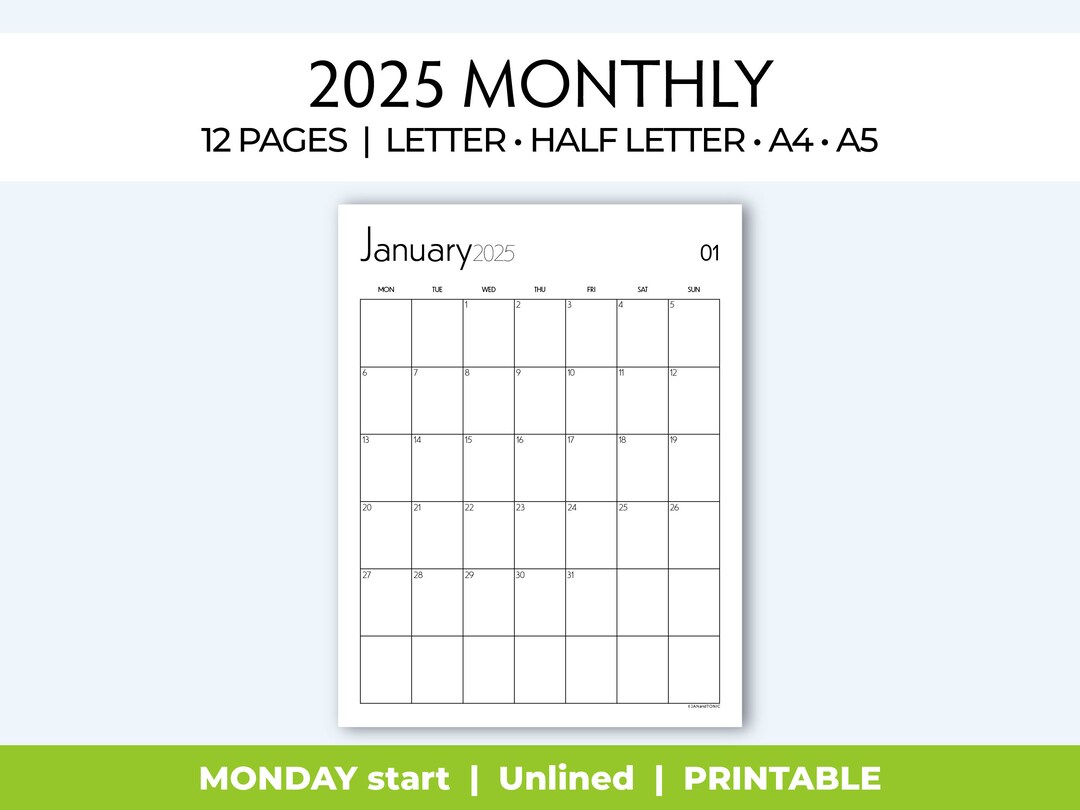 Printable Monthly Calendar, 2025, Monday Start, Minimalist Design