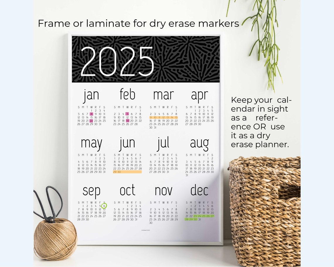 2025 Calendar, Year at a Glance, for Planner, Wall, Bulletin Board ...