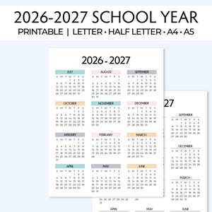 May include: A printable 2026-2027 school year calendar. The calendar is displayed on a white background with a light blue border. The calendar includes the months of July 2026 through June 2027. The text "2026-2027 SCHOOL YEAR" is at the top.