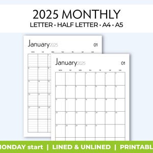Calendario mensual imprimible 2025, con y sin líneas, inicio en lunes, página de inserción de planificador minimalista, impresión en tamaño carta, media carta, A4 y A5
