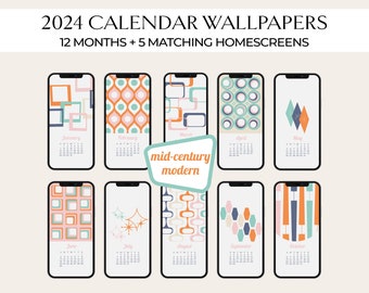 Phone Wallpapers, Mid-Century Modern, 2024 monthly calendars for cell phones. MCM lock screens with matching home screens for mobile phones